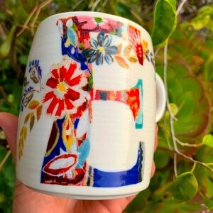 Anthropologie Petal Palette Mug – Starla Halfmann Floral Monogram “E” Coffee Mug